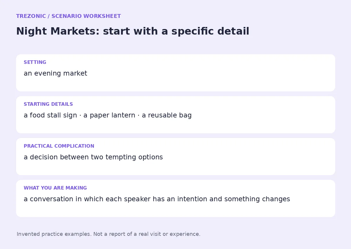 Practice worksheet for Night Markets: setting, starting details, complication and goal