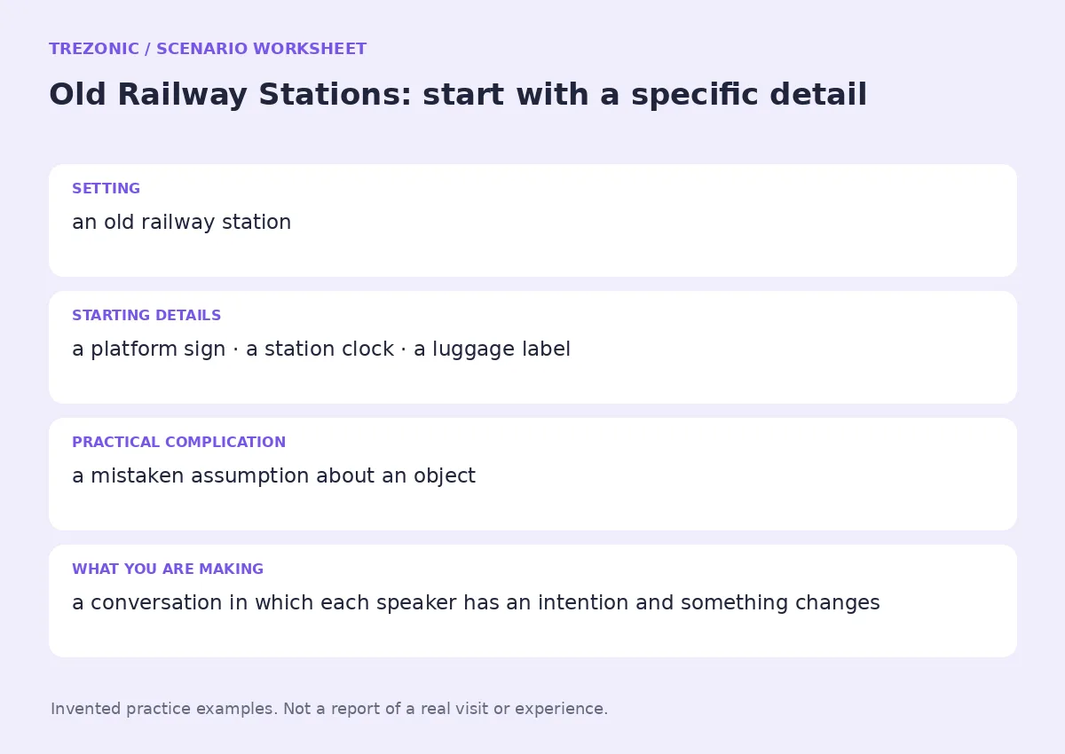 Practice worksheet for Old Railway Stations: setting, starting details, complication and goal