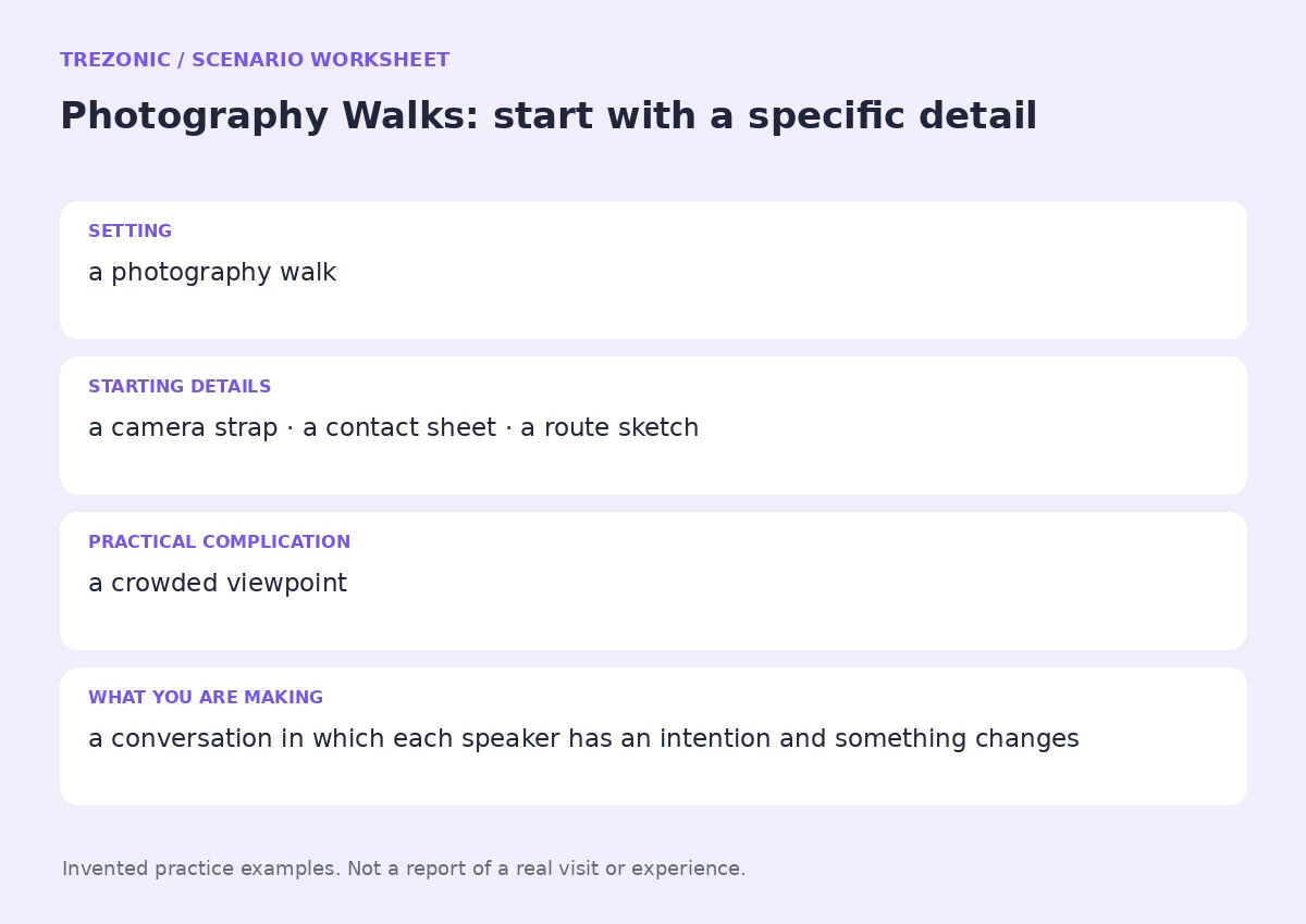 Practice worksheet for Photography Walks: setting, starting details, complication and goal