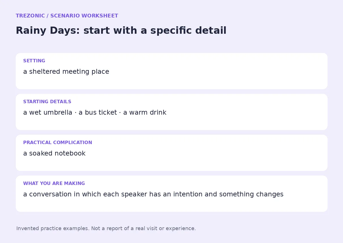 Practice worksheet for Rainy Days: setting, starting details, complication and goal