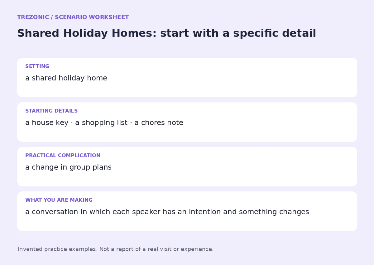 Practice worksheet for Shared Holiday Homes: setting, starting details, complication and goal