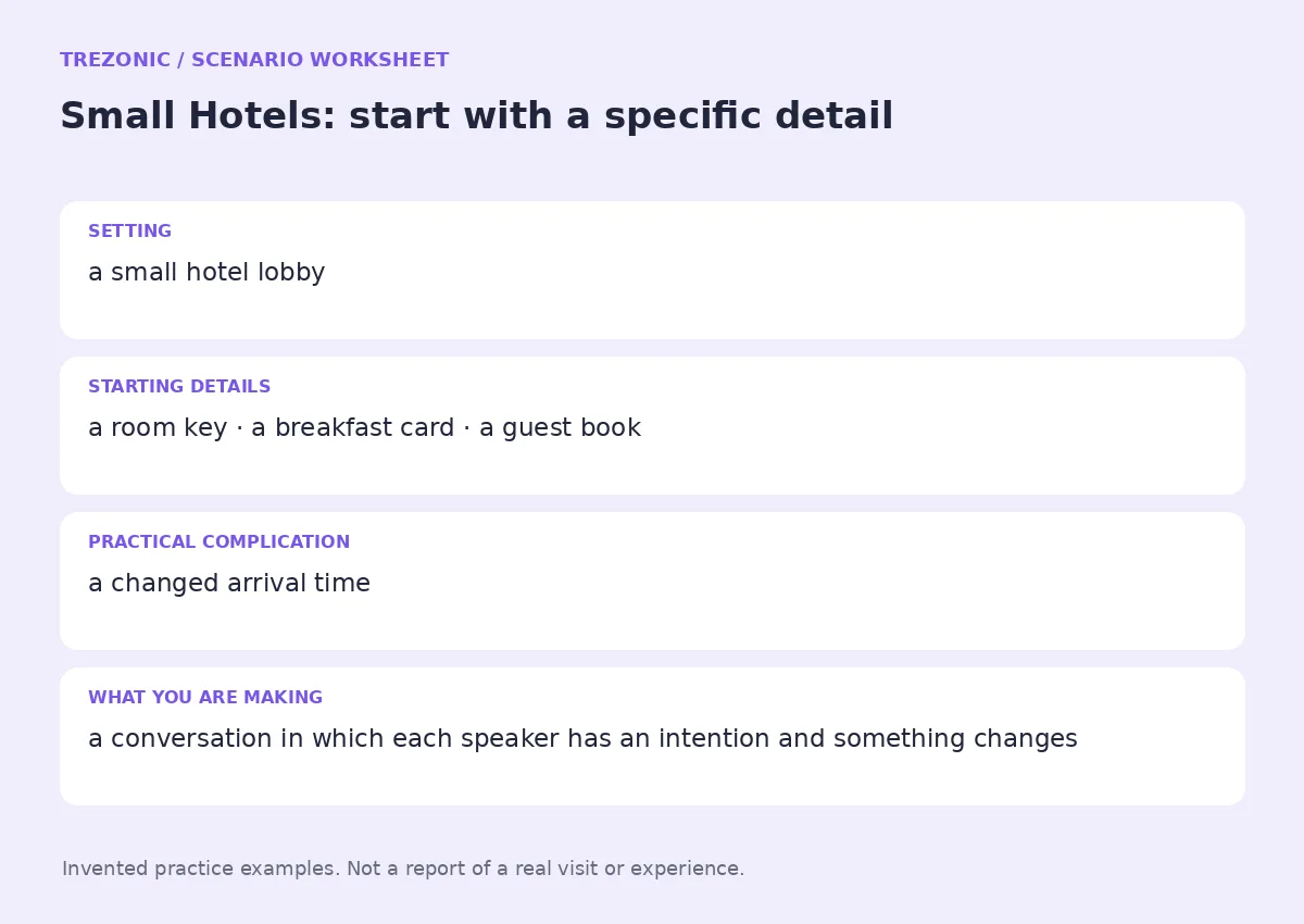 Practice worksheet for Small Hotels: setting, starting details, complication and goal