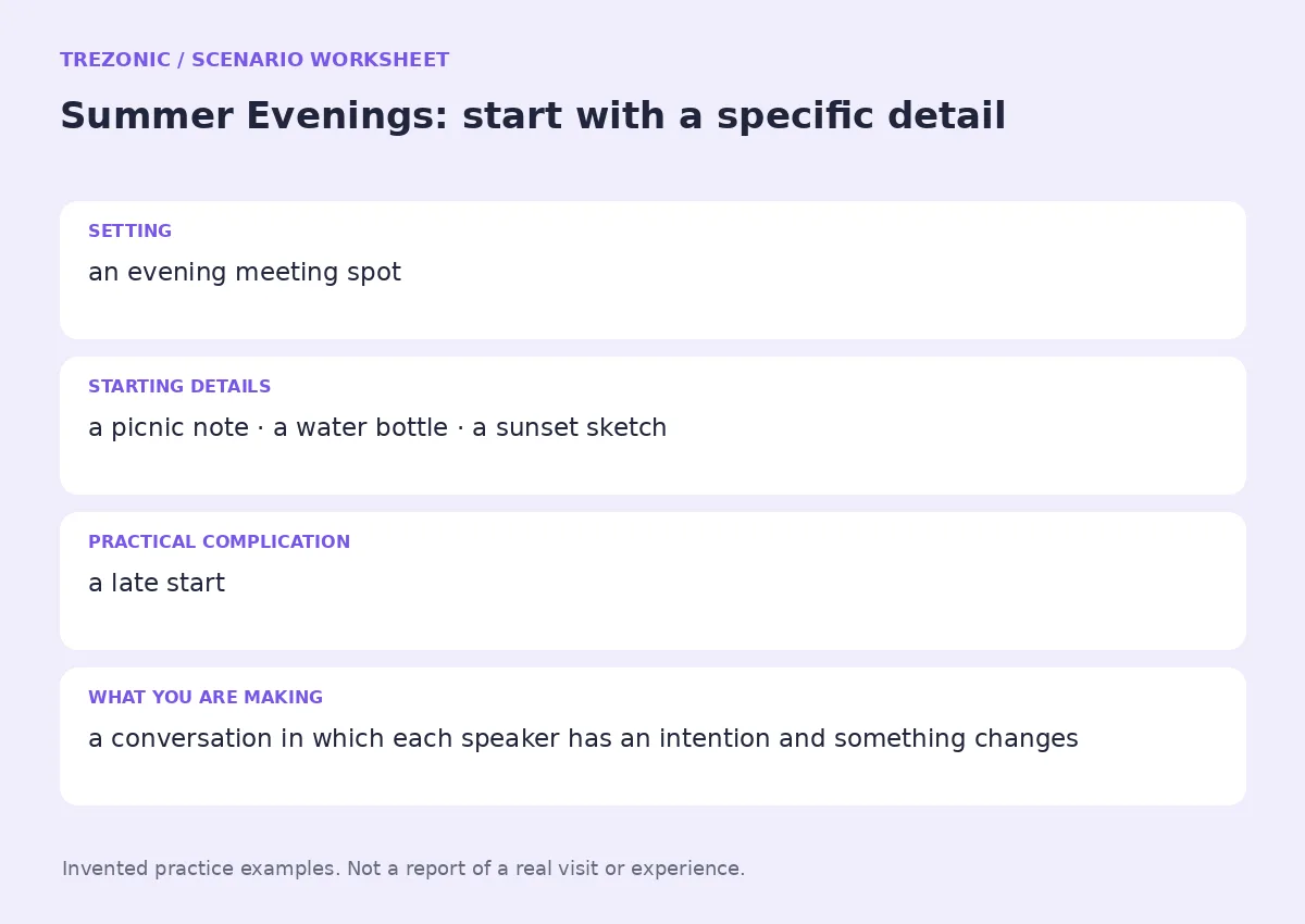 Practice worksheet for Summer Evenings: setting, starting details, complication and goal