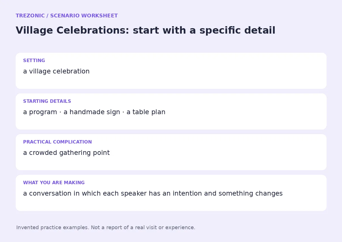 Practice worksheet for Village Celebrations: setting, starting details, complication and goal