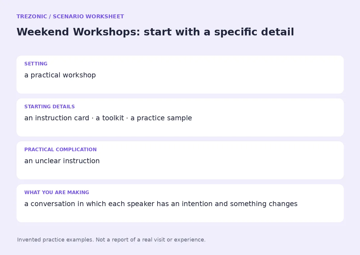 Practice worksheet for Weekend Workshops: setting, starting details, complication and goal