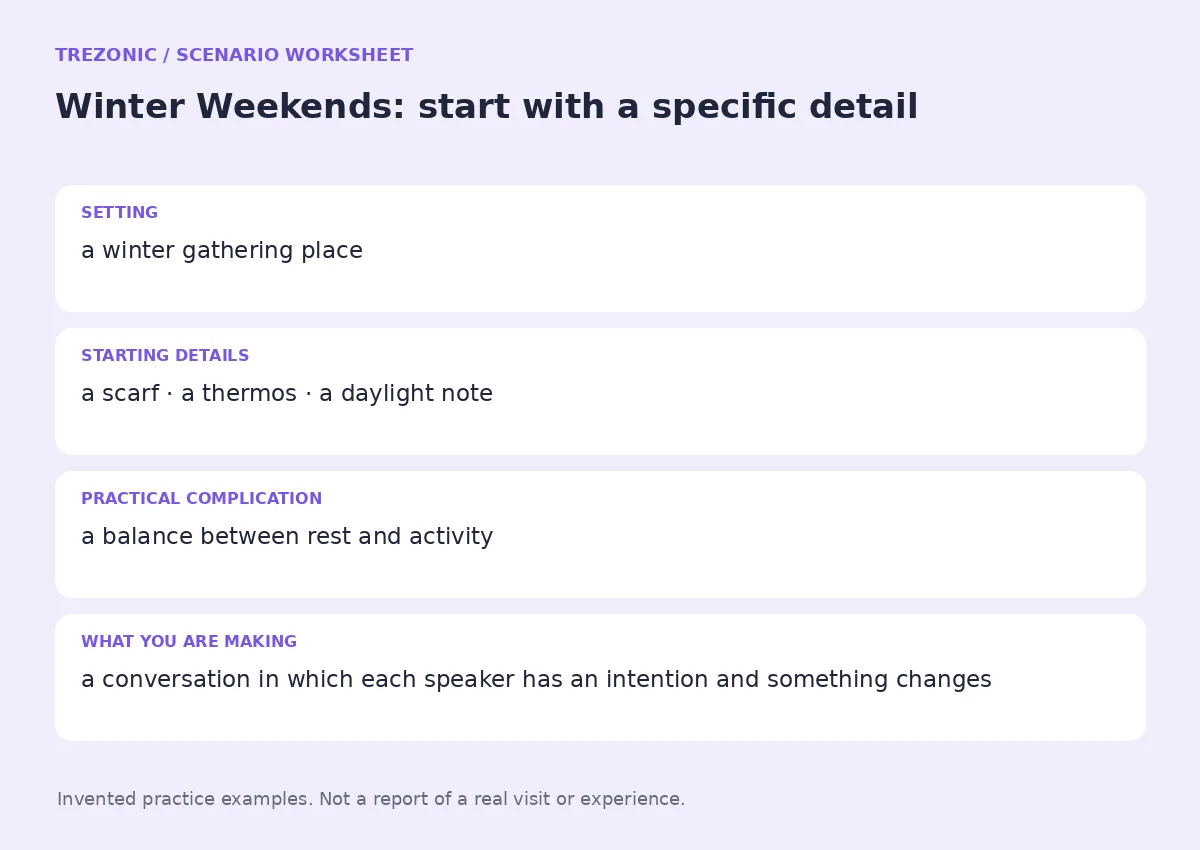 Practice worksheet for Winter Weekends: setting, starting details, complication and goal