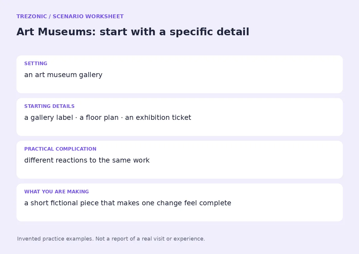 Practice worksheet for Art Museums: setting, starting details, complication and goal