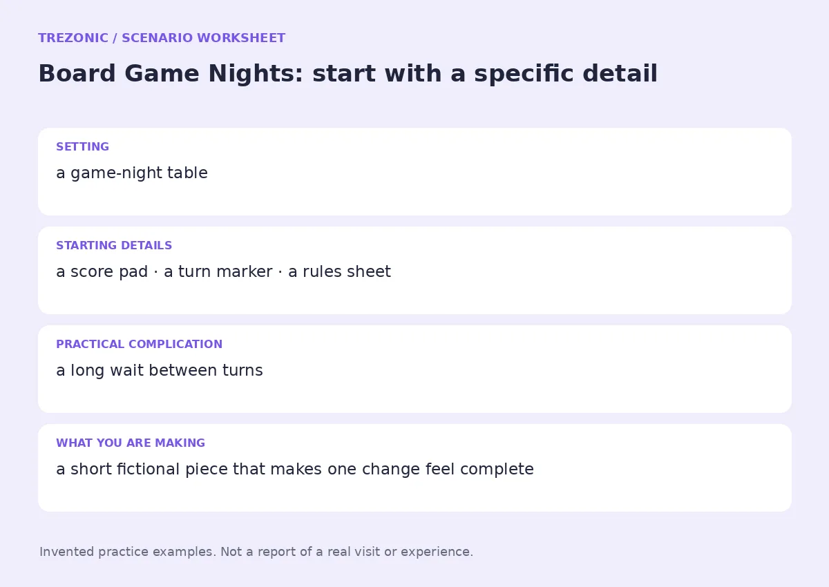 Practice worksheet for Board Game Nights: setting, starting details, complication and goal