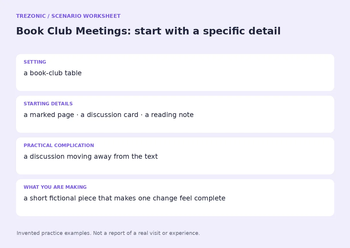 Practice worksheet for Book Club Meetings: setting, starting details, complication and goal