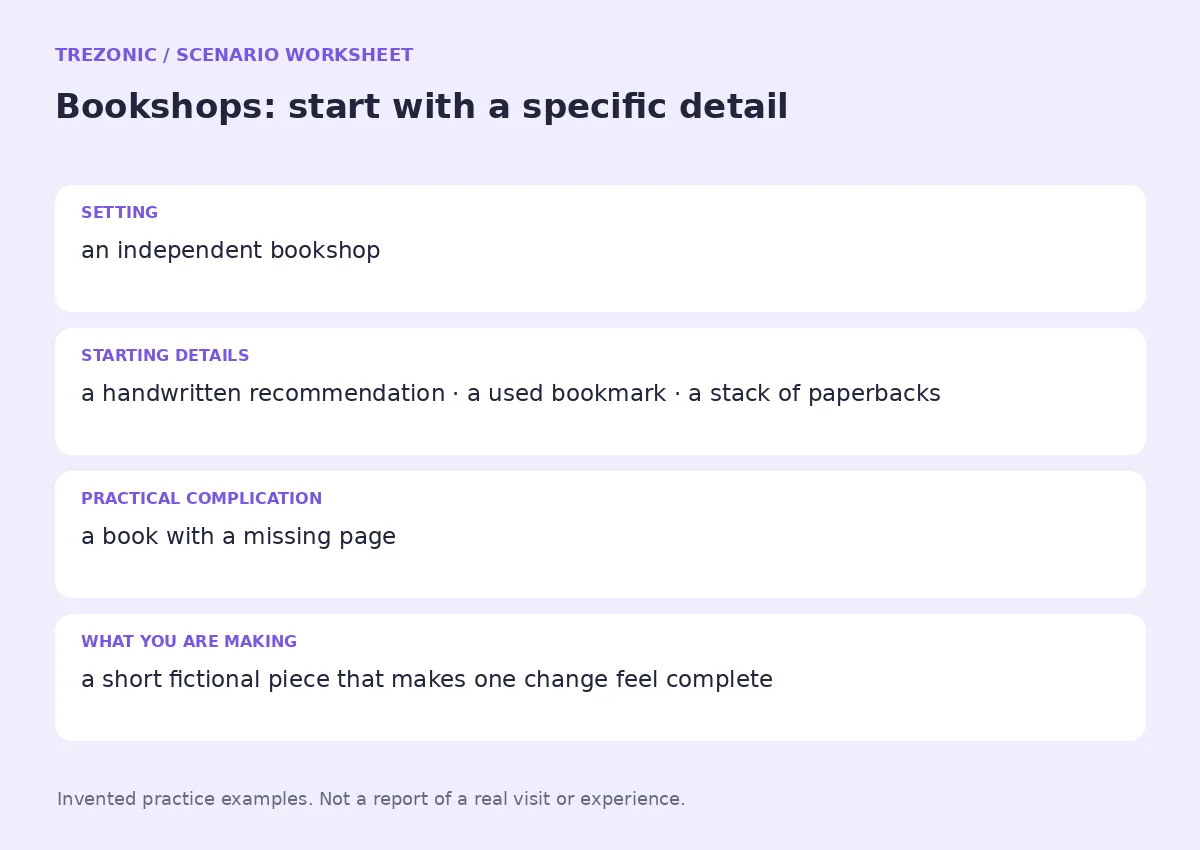 Practice worksheet for Bookshops: setting, starting details, complication and goal
