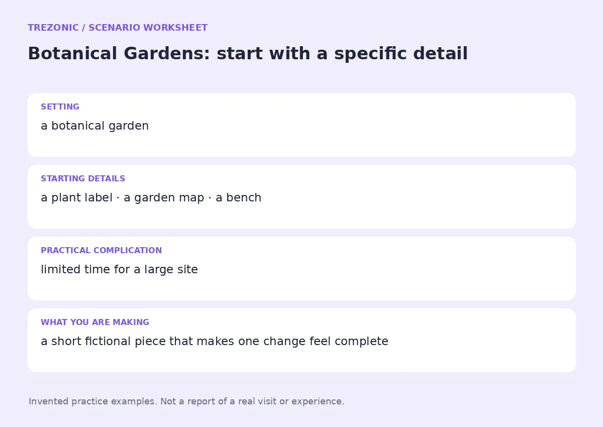 Practice worksheet for Botanical Gardens: setting, starting details, complication and goal