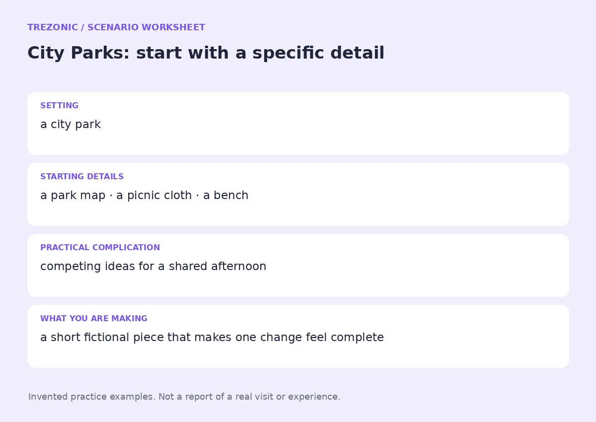 Practice worksheet for City Parks: setting, starting details, complication and goal