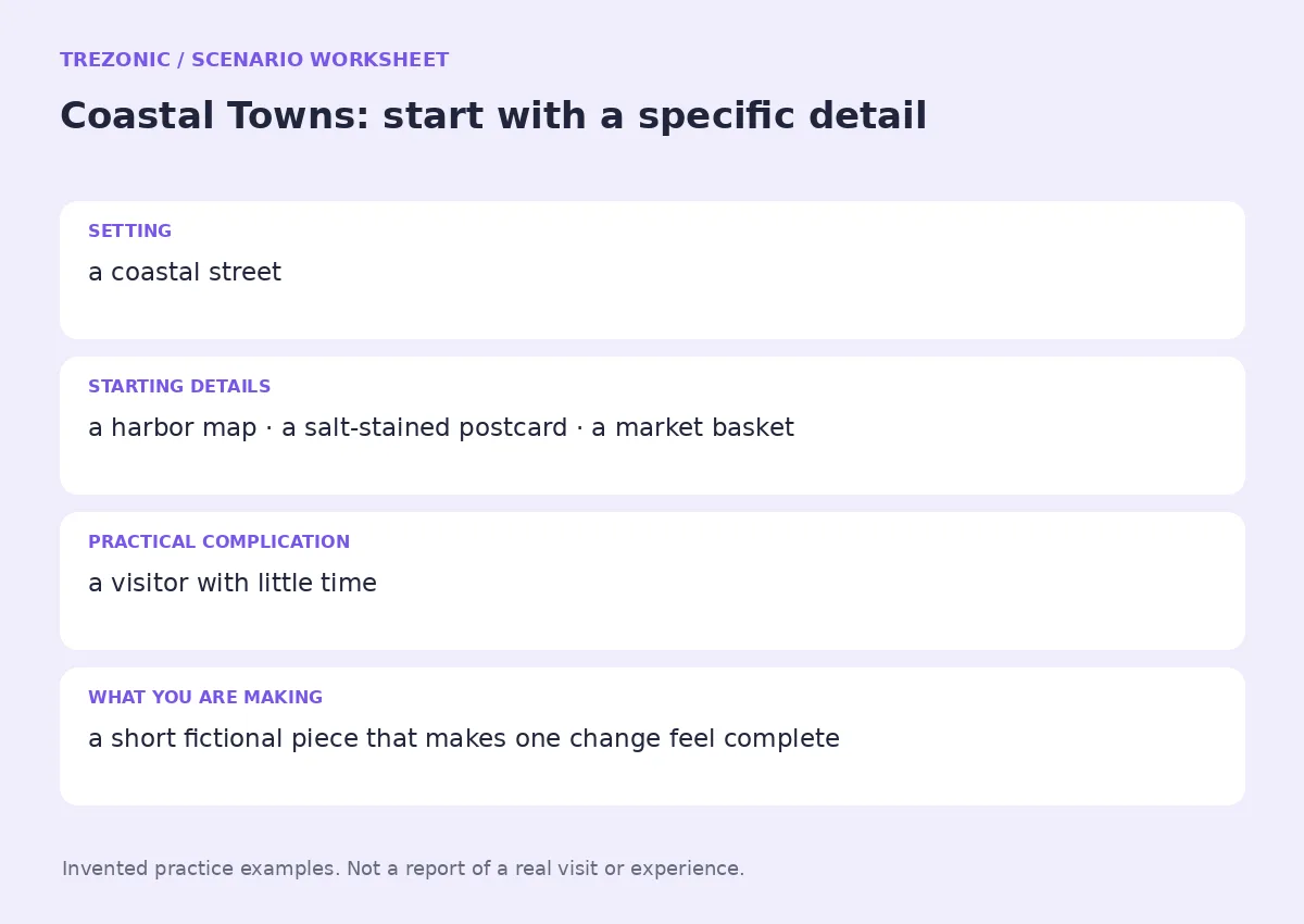 Practice worksheet for Coastal Towns: setting, starting details, complication and goal