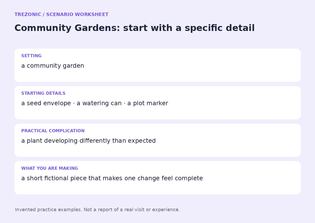 Practice worksheet for Community Gardens: setting, starting details, complication and goal