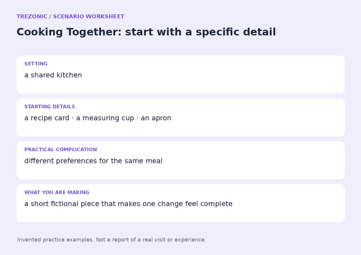 Practice worksheet for Cooking Together: setting, starting details, complication and goal