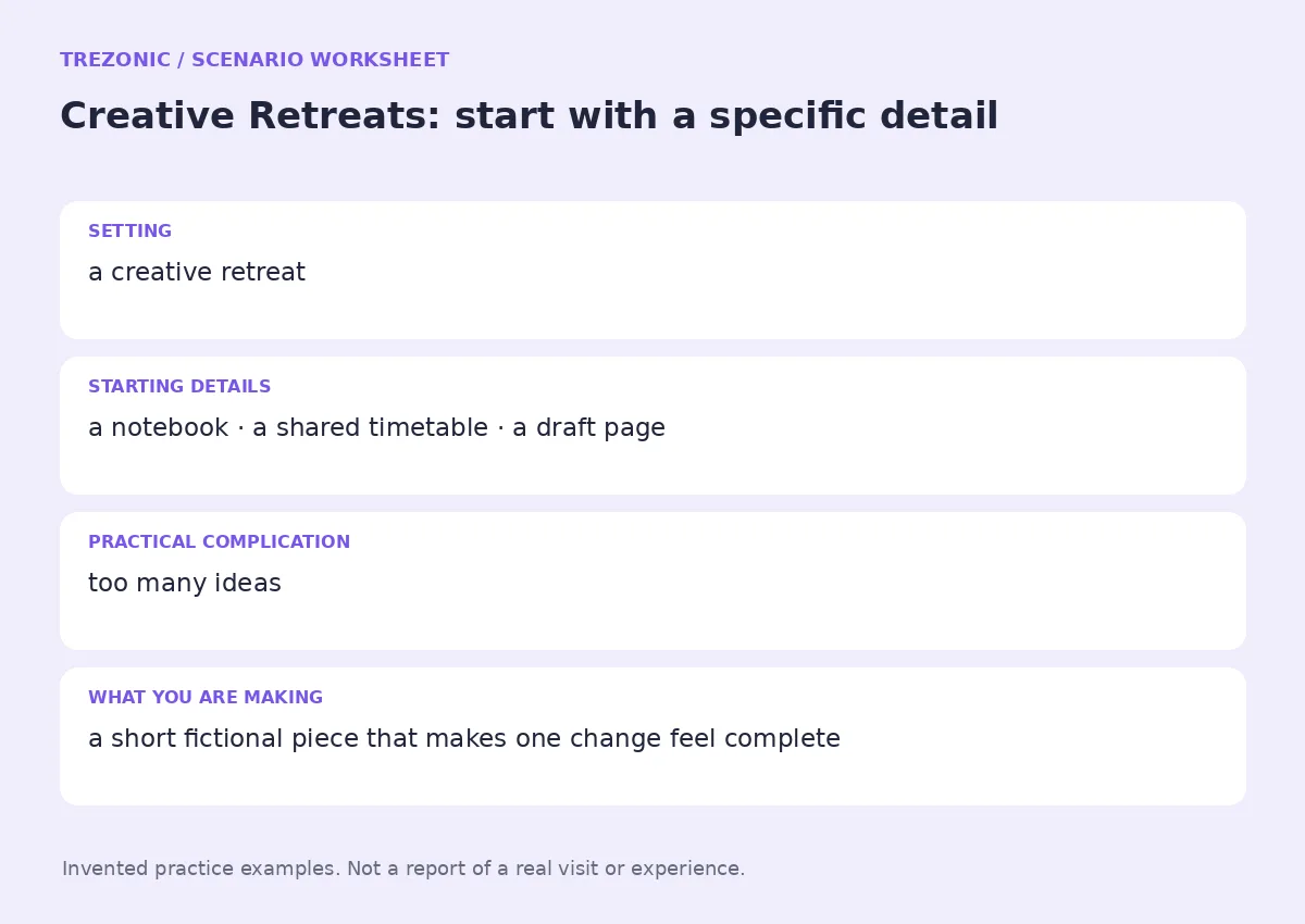 Practice worksheet for Creative Retreats: setting, starting details, complication and goal