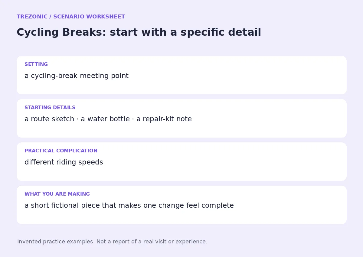 Practice worksheet for Cycling Breaks: setting, starting details, complication and goal