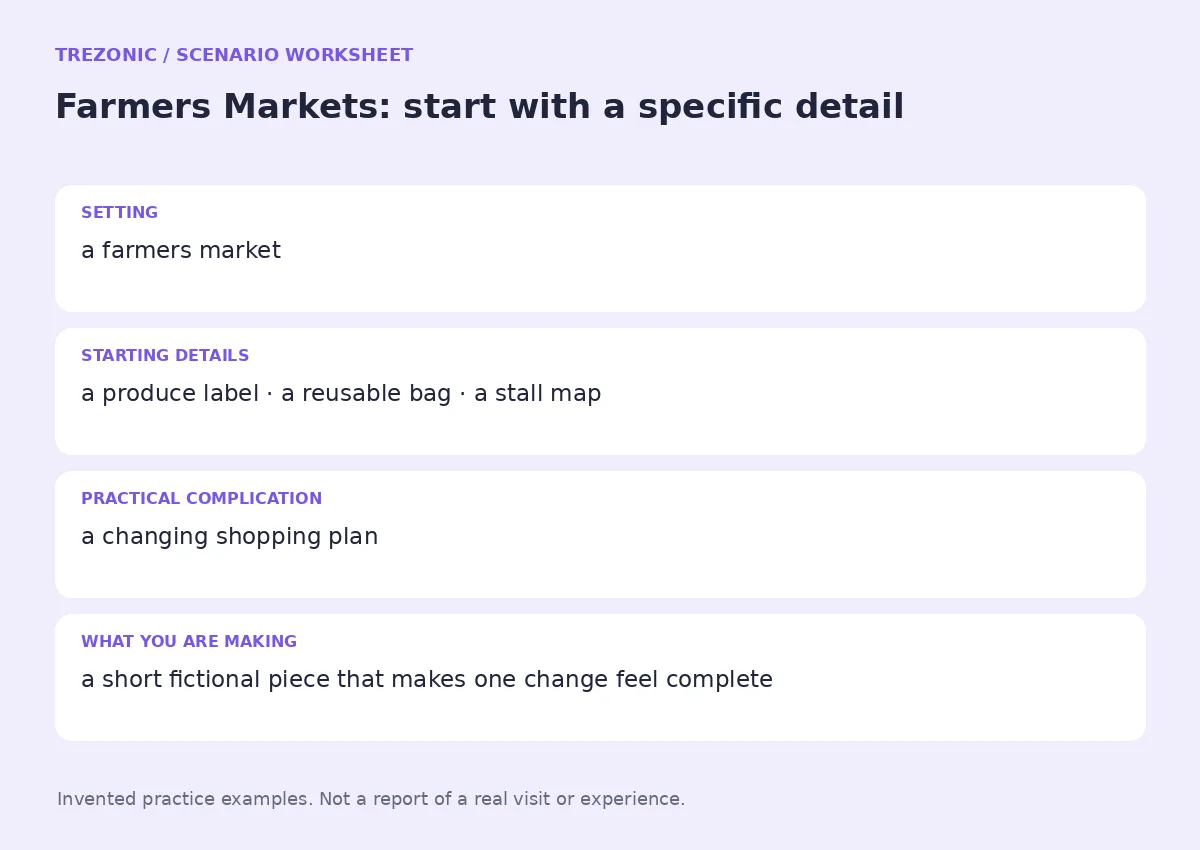 Practice worksheet for Farmers Markets: setting, starting details, complication and goal
