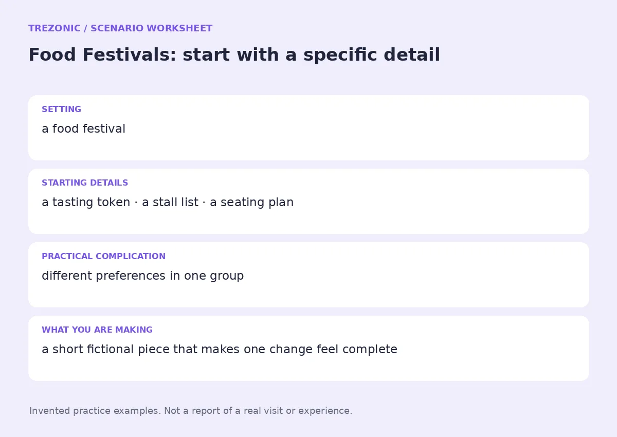 Practice worksheet for Food Festivals: setting, starting details, complication and goal