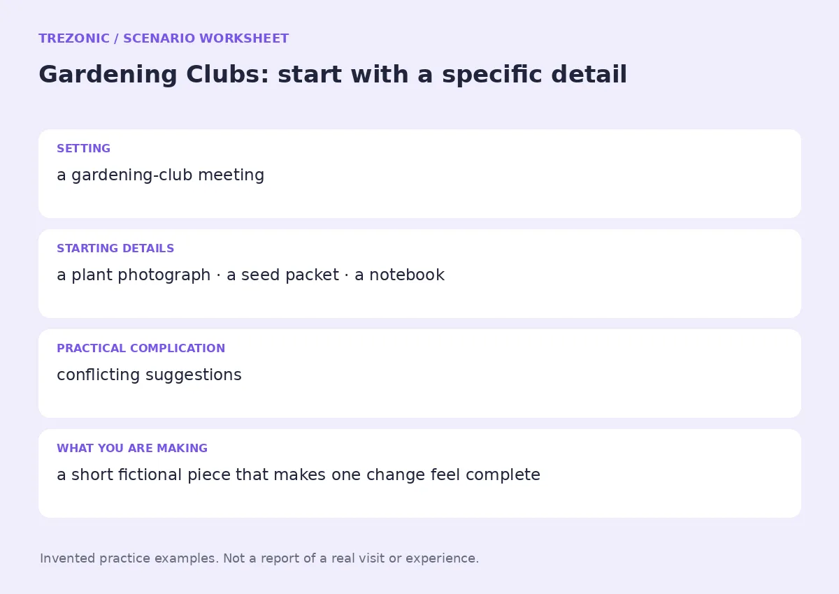 Practice worksheet for Gardening Clubs: setting, starting details, complication and goal