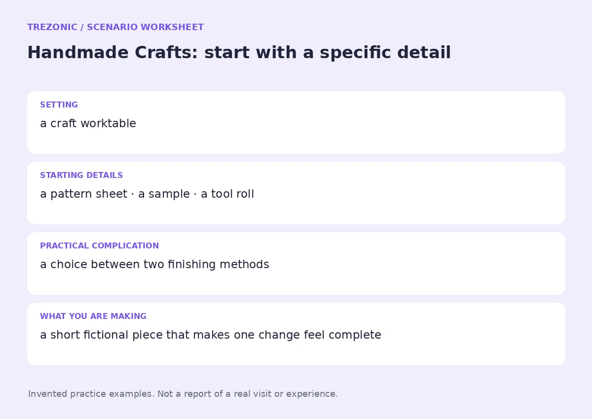Practice worksheet for Handmade Crafts: setting, starting details, complication and goal