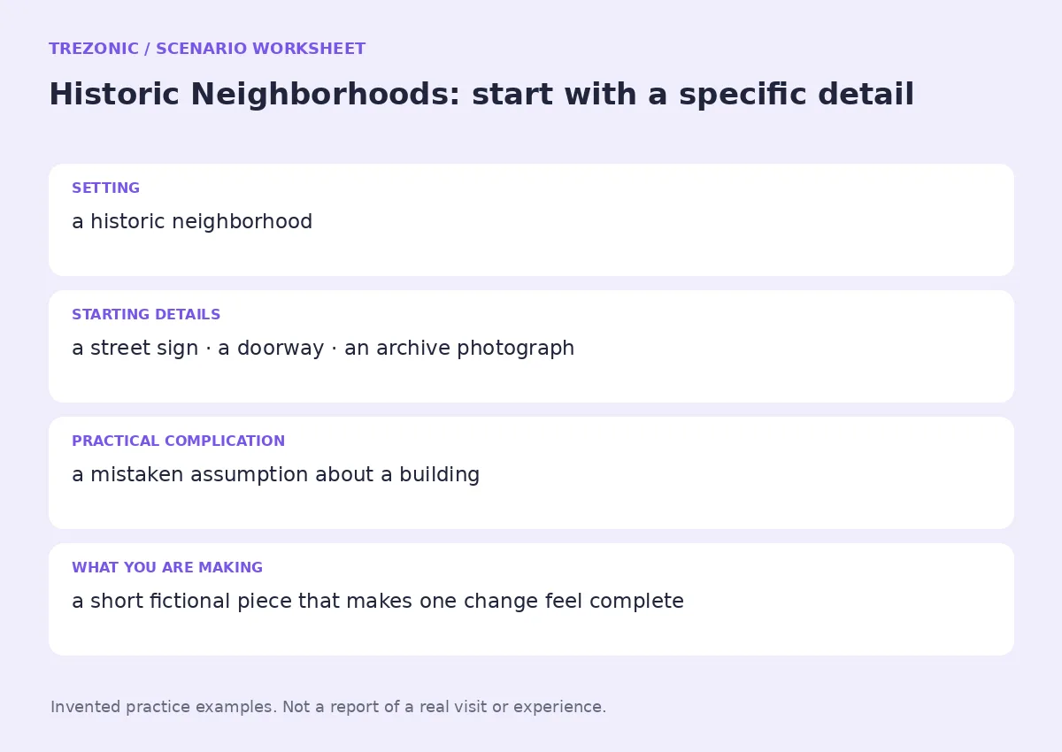 Practice worksheet for Historic Neighborhoods: setting, starting details, complication and goal