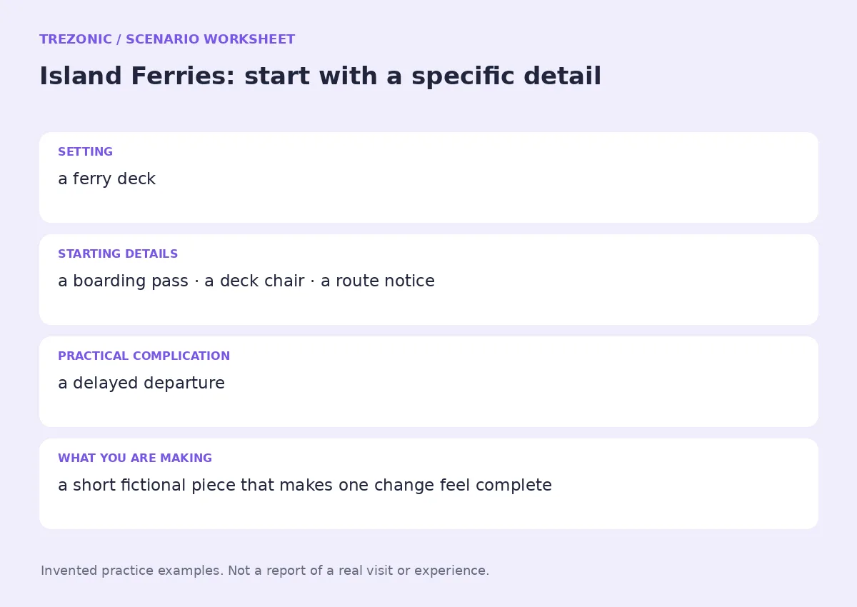 Practice worksheet for Island Ferries: setting, starting details, complication and goal