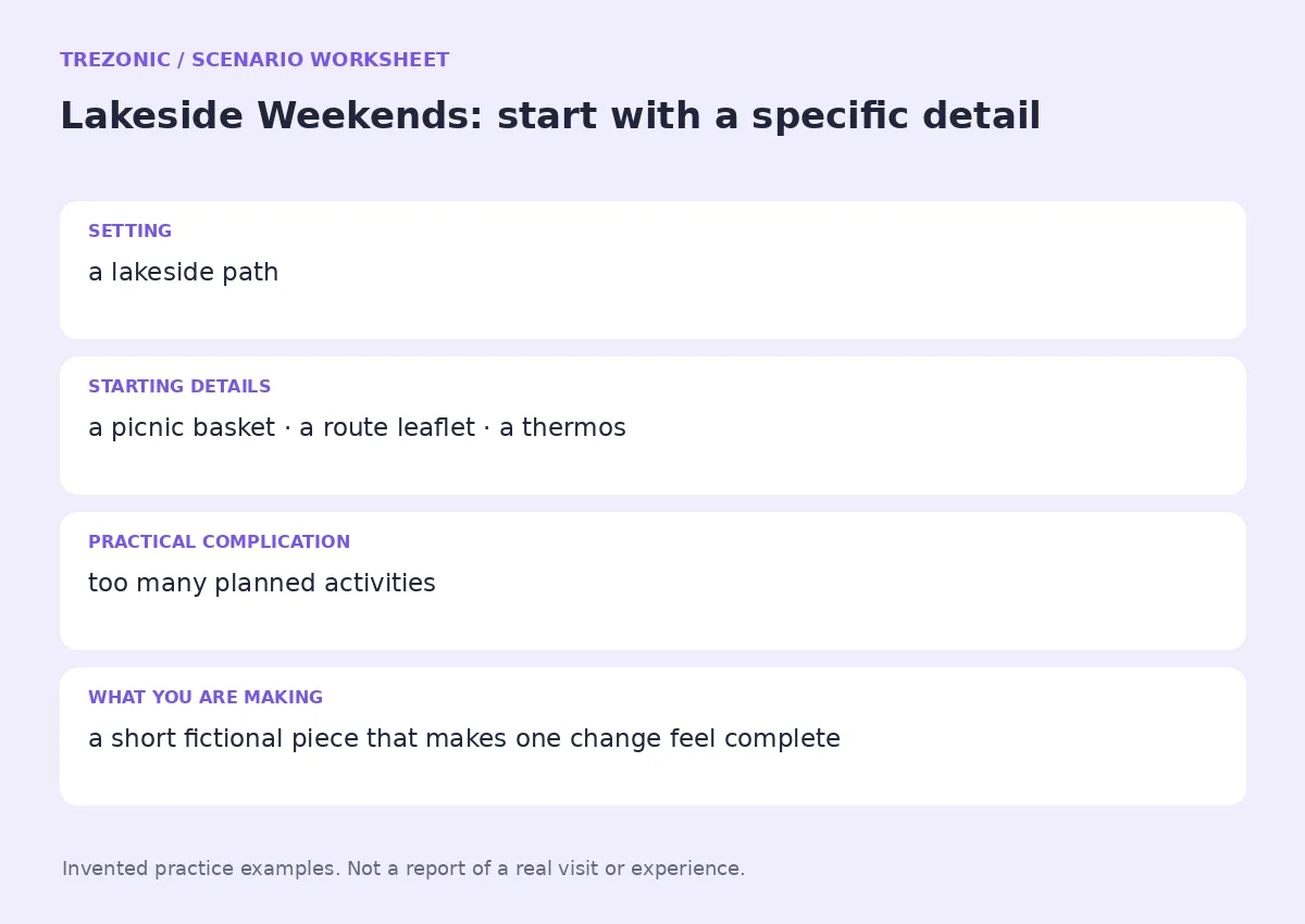 Practice worksheet for Lakeside Weekends: setting, starting details, complication and goal