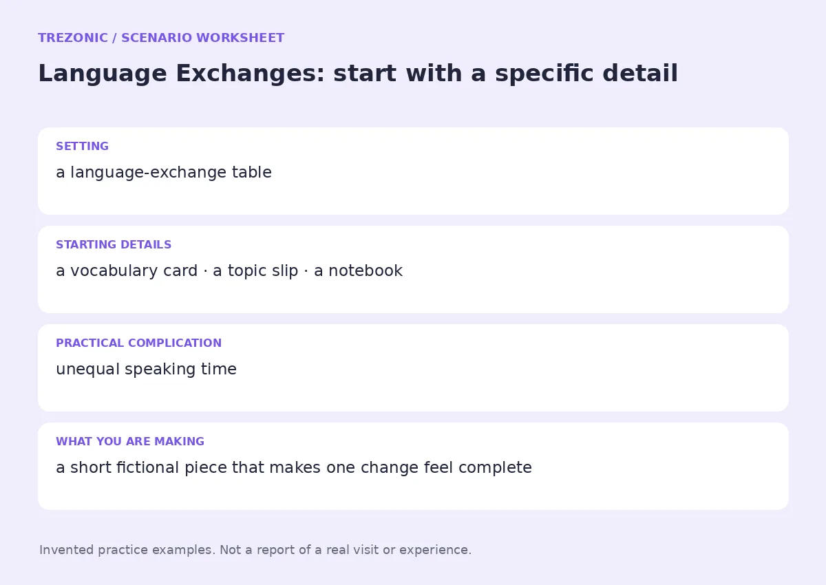 Practice worksheet for Language Exchanges: setting, starting details, complication and goal