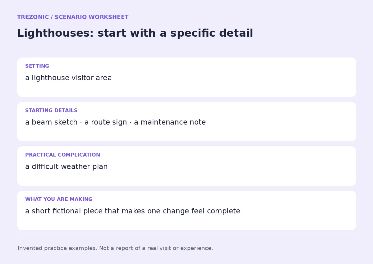 Practice worksheet for Lighthouses: setting, starting details, complication and goal