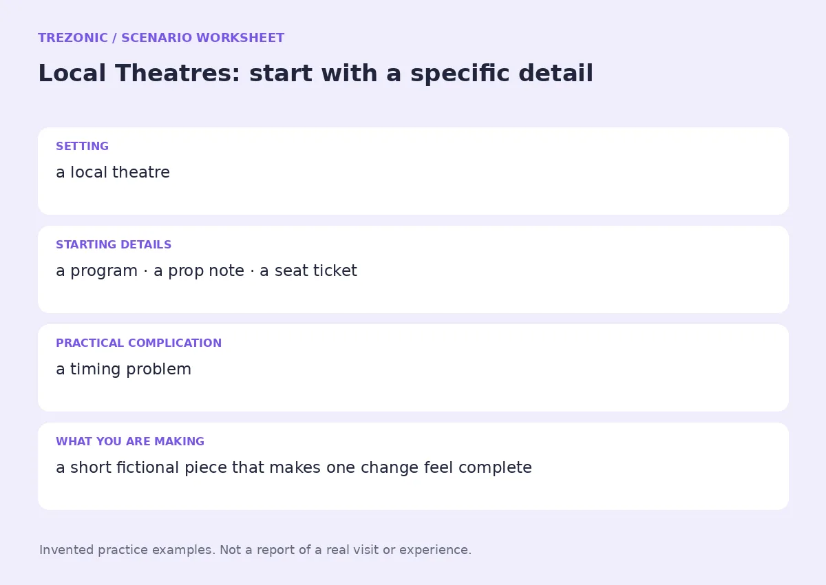 Practice worksheet for Local Theatres: setting, starting details, complication and goal