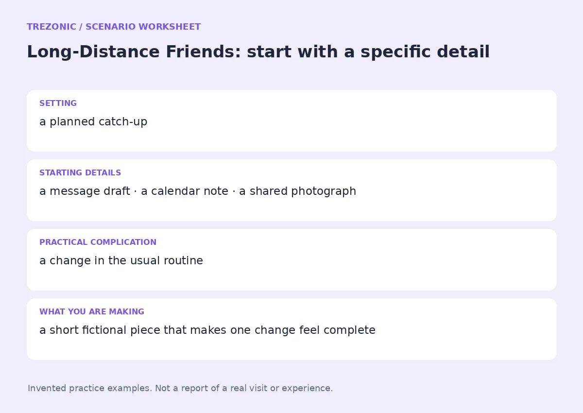Practice worksheet for Long-Distance Friends: setting, starting details, complication and goal