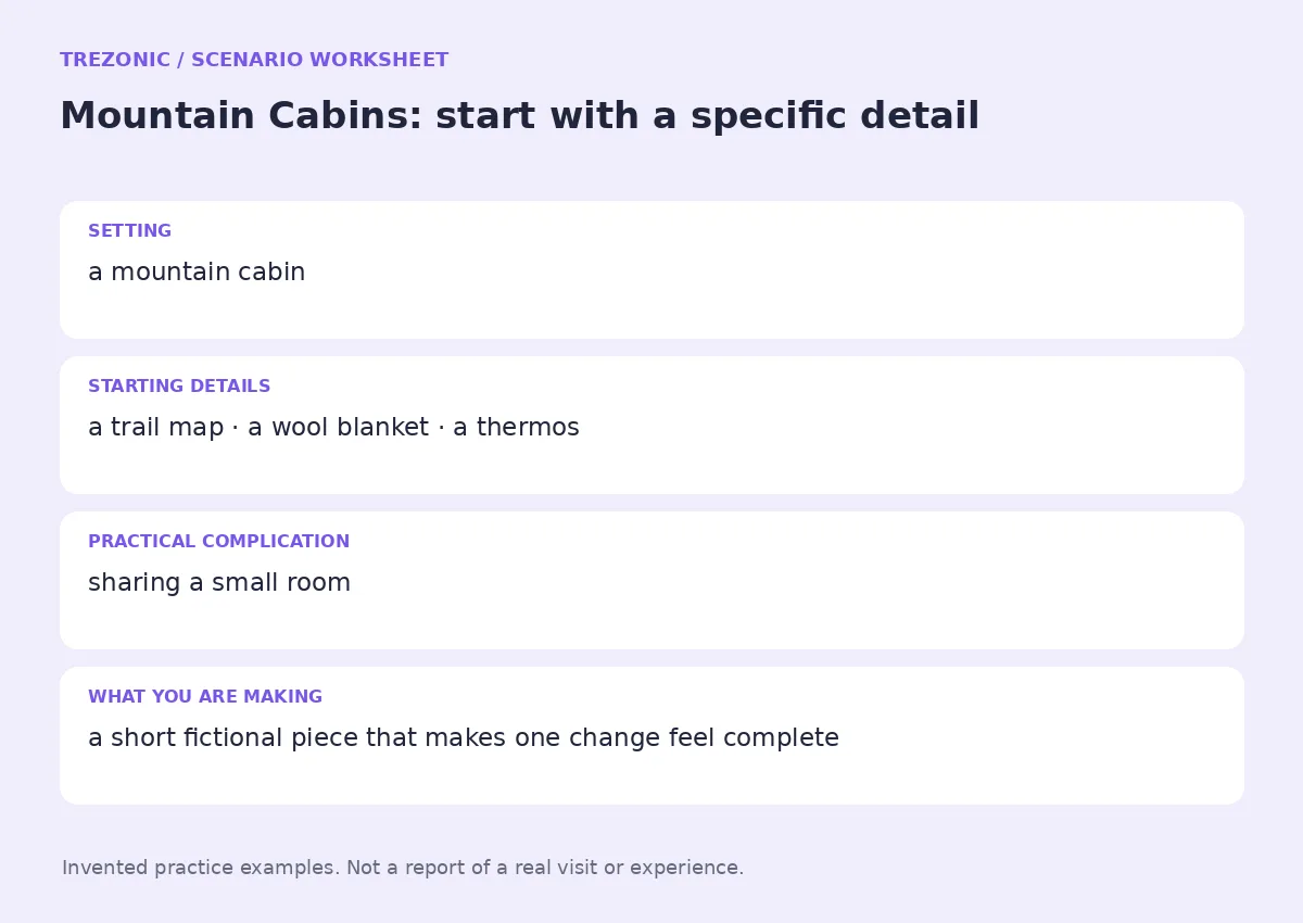 Practice worksheet for Mountain Cabins: setting, starting details, complication and goal