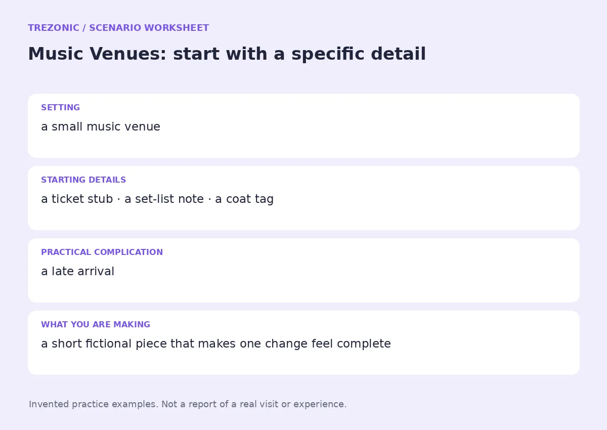 Practice worksheet for Music Venues: setting, starting details, complication and goal