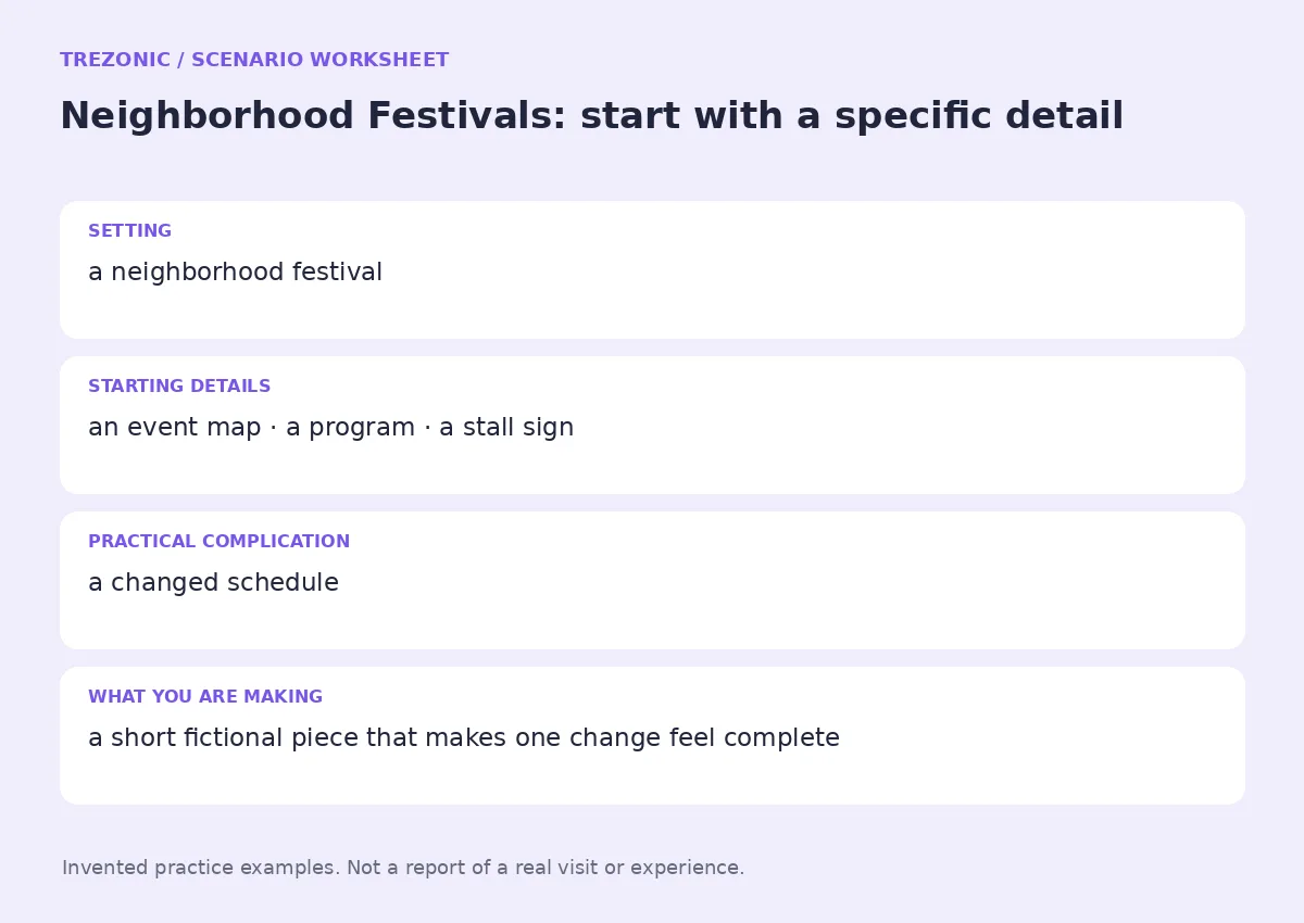 Practice worksheet for Neighborhood Festivals: setting, starting details, complication and goal