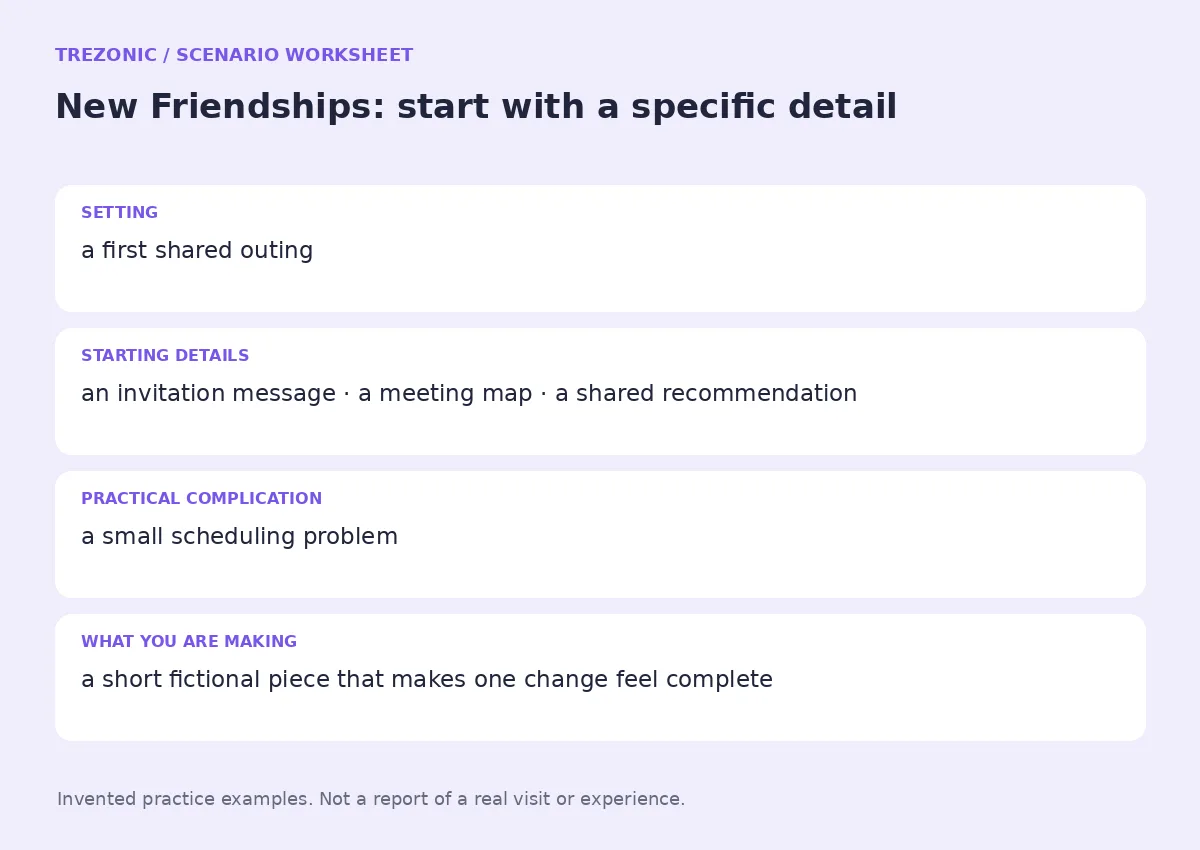 Practice worksheet for New Friendships: setting, starting details, complication and goal
