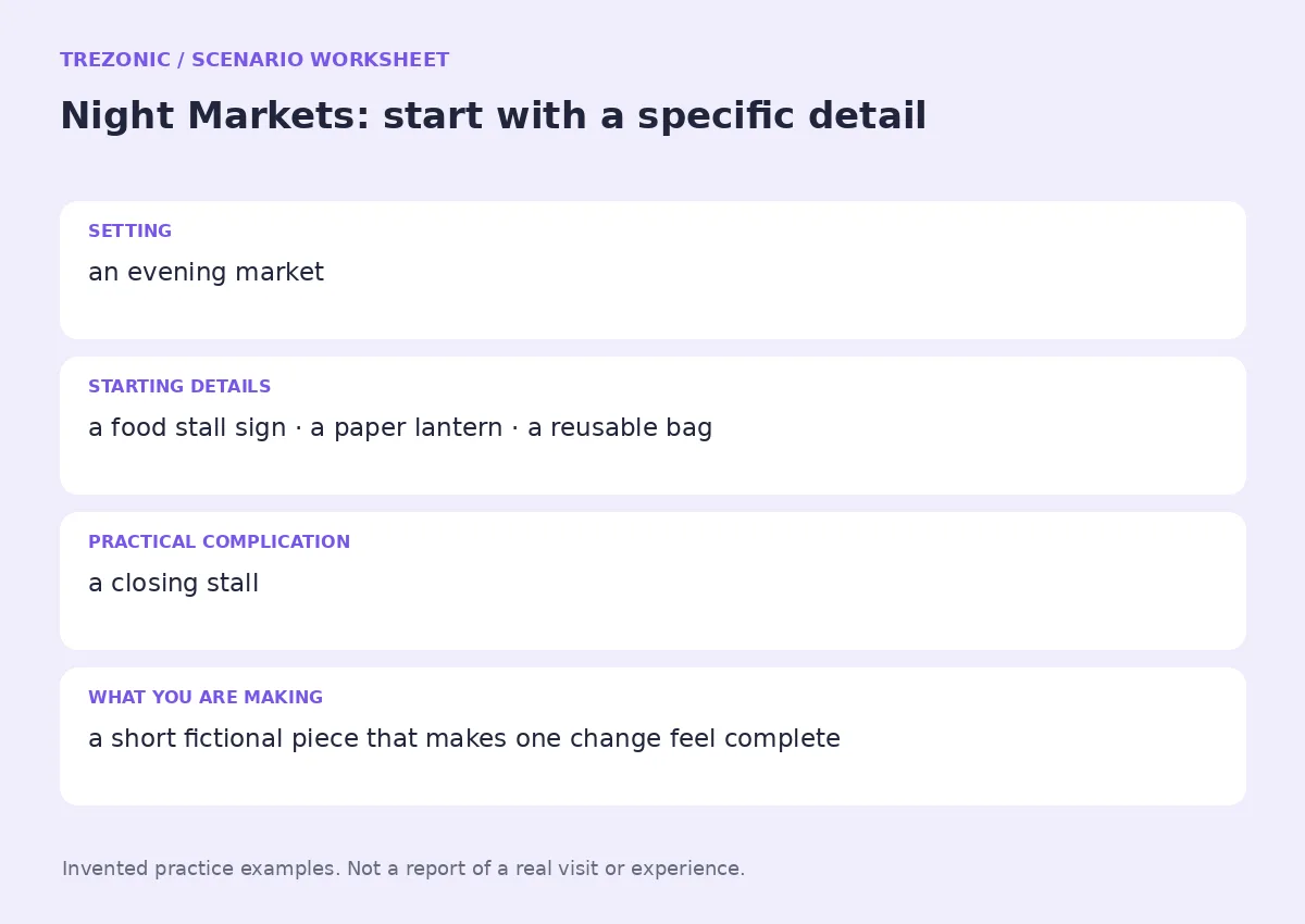 Practice worksheet for Night Markets: setting, starting details, complication and goal