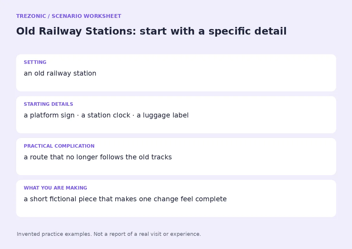 Practice worksheet for Old Railway Stations: setting, starting details, complication and goal