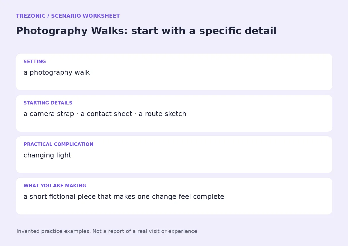 Practice worksheet for Photography Walks: setting, starting details, complication and goal