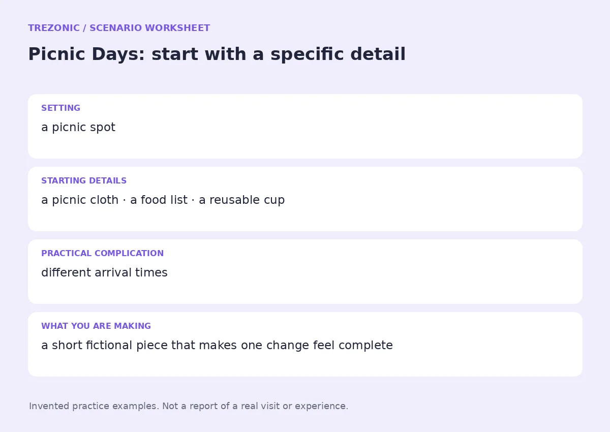 Practice worksheet for Picnic Days: setting, starting details, complication and goal