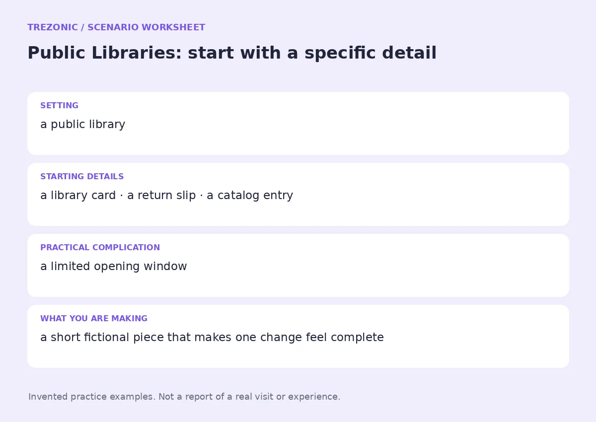 Practice worksheet for Public Libraries: setting, starting details, complication and goal