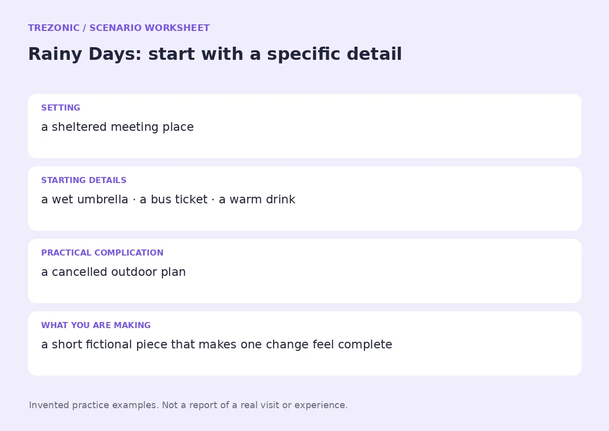 Practice worksheet for Rainy Days: setting, starting details, complication and goal