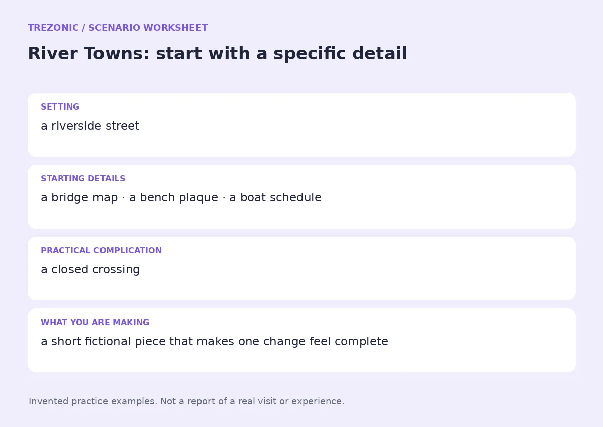 Practice worksheet for River Towns: setting, starting details, complication and goal