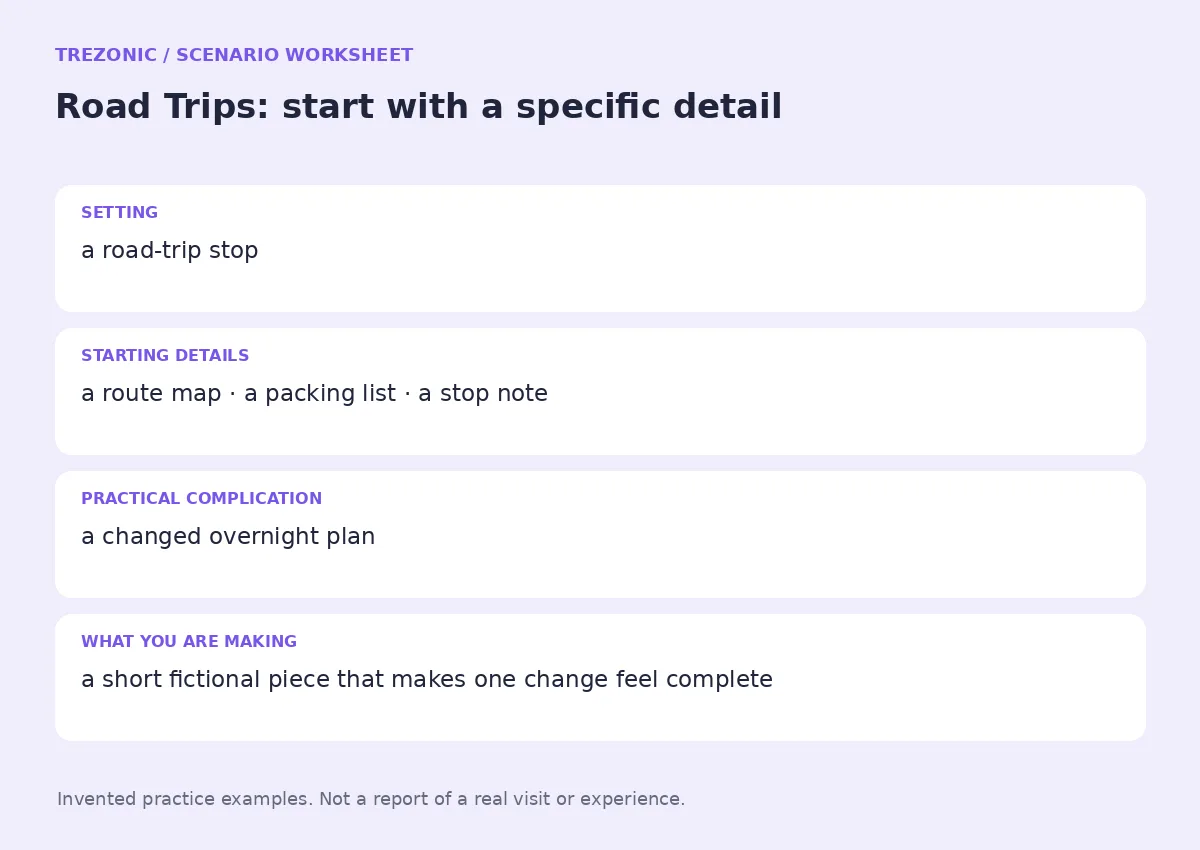 Practice worksheet for Road Trips: setting, starting details, complication and goal