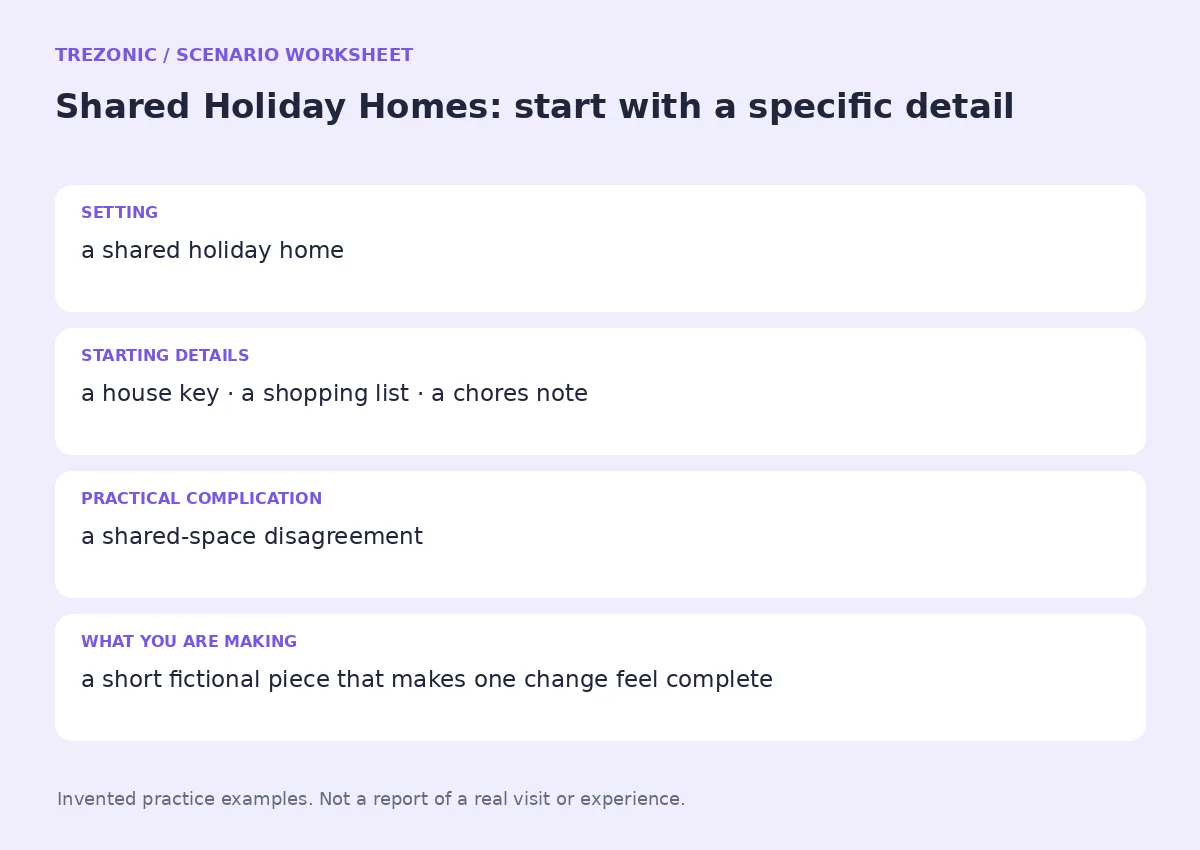 Practice worksheet for Shared Holiday Homes: setting, starting details, complication and goal