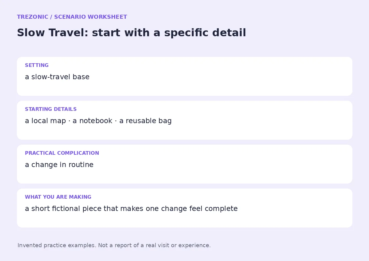 Practice worksheet for Slow Travel: setting, starting details, complication and goal