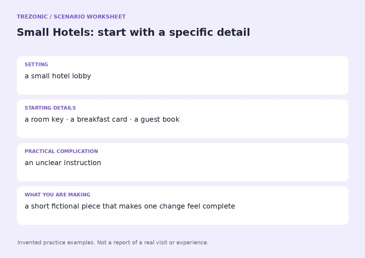 Practice worksheet for Small Hotels: setting, starting details, complication and goal