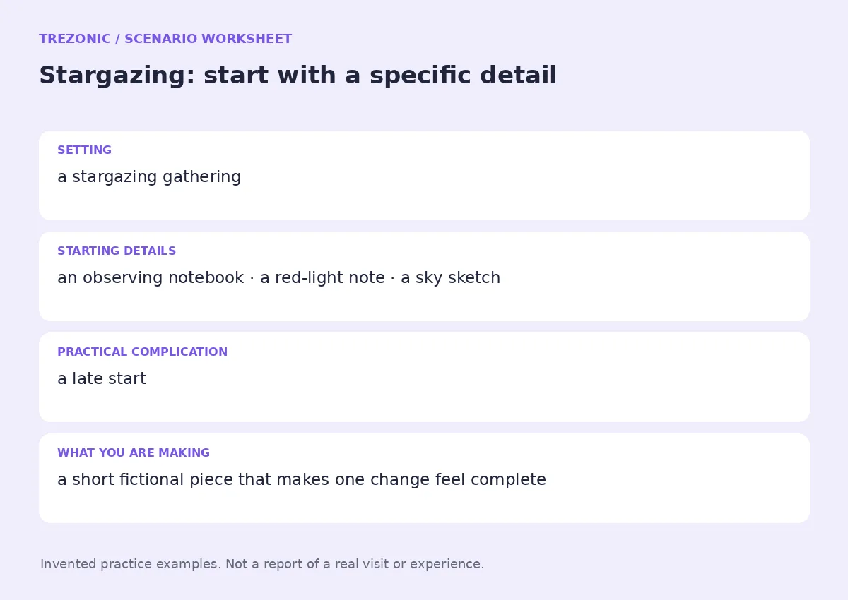 Practice worksheet for Stargazing: setting, starting details, complication and goal