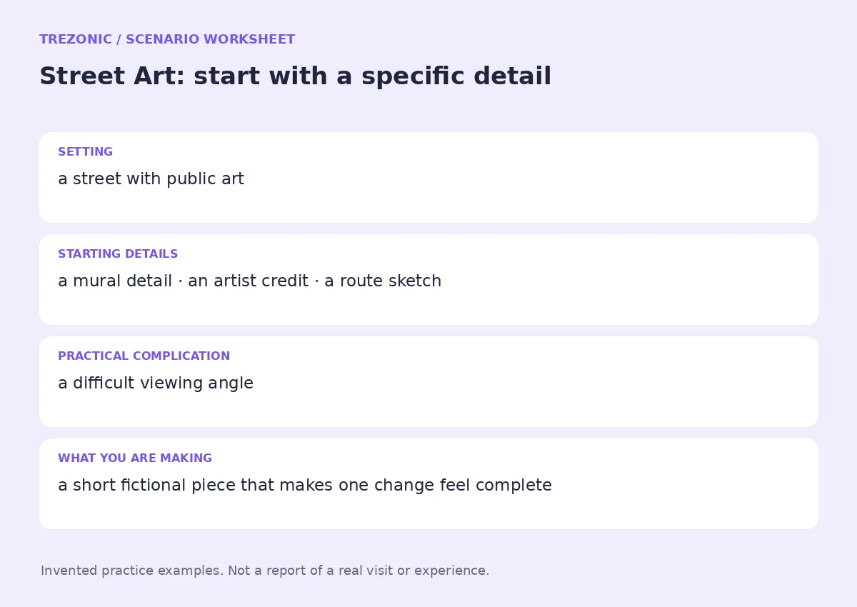 Practice worksheet for Street Art: setting, starting details, complication and goal