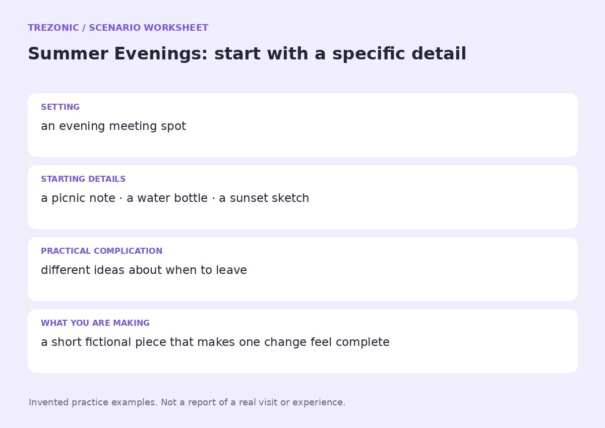 Practice worksheet for Summer Evenings: setting, starting details, complication and goal